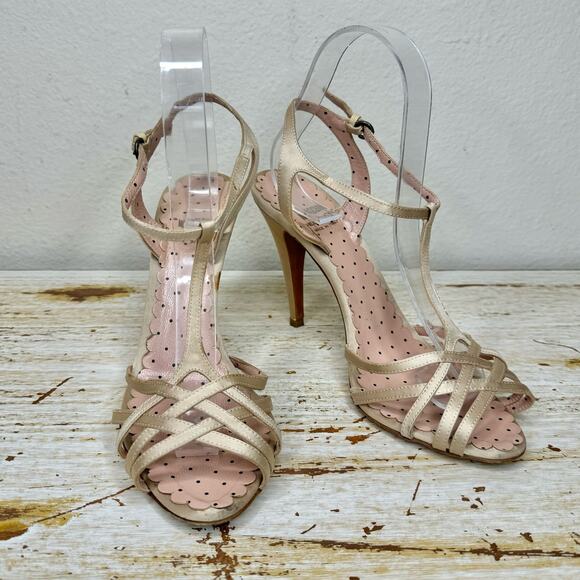 Moschino Cheap and Chic Strappy Heels 38 Ankle Strap Peep Toe Open Champagne - Picture 1 of 11